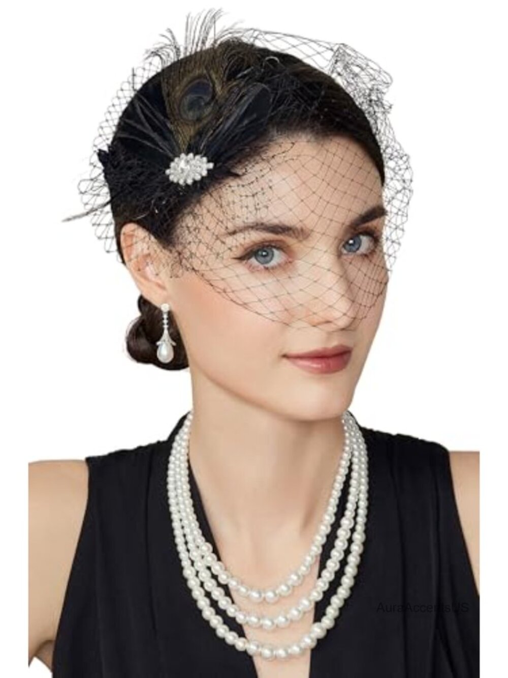 Fascinator Hair Clip with Feathers & Removable Birdcage Veil